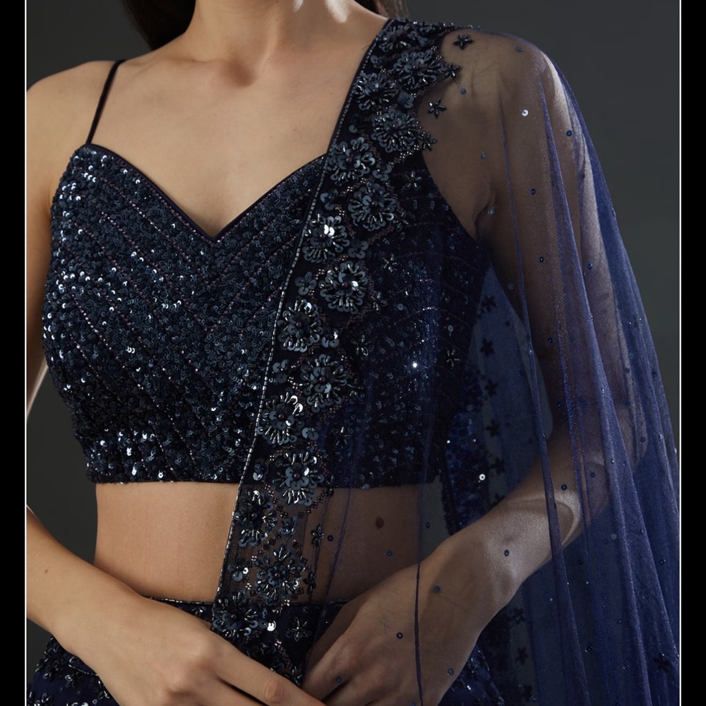 Bridal Midnight Blue Organza Embroidered Lehenga Set